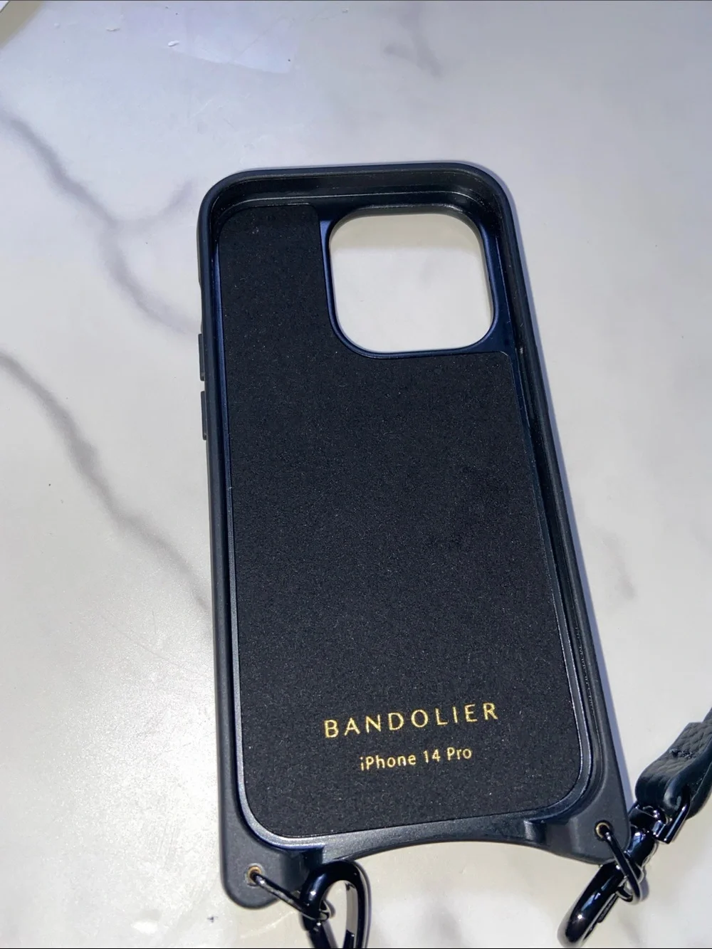Bandolier Black Leather Crossbody Phone 14 Pro Case with Adjustable Strap